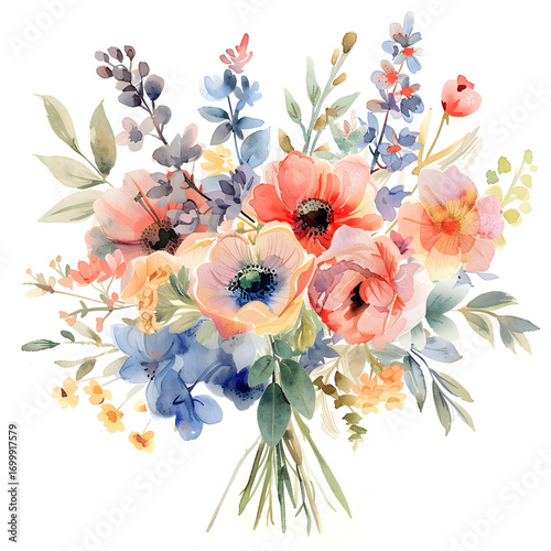 Watercolor floral bouquet illustration with soft colors, including peach, blue, and green, on a white background in a