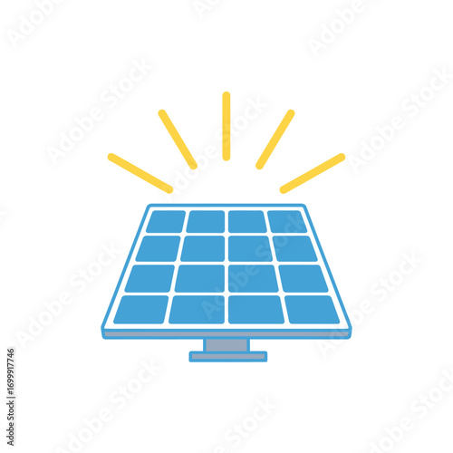 Illustration of a blue solar panel generating energy with yellow sun rays, symbolizing clean power.