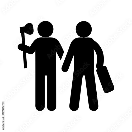 Two symbolic individuals with an axe and briefcase illustration in black color