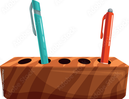 Wooden pen holder containing two colorful ballpoint pens, promoting organization and adding a touch of natural style to workspaces