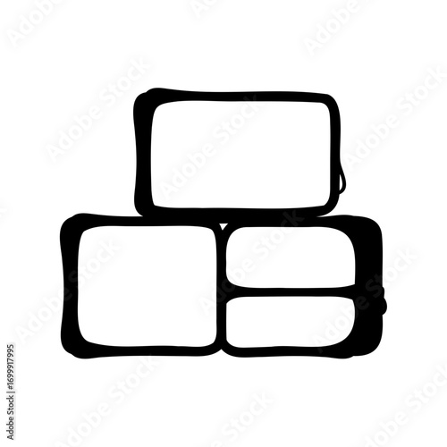 Abstract monochrome composition of interconnected rectangular shapes stacked and arranged organically