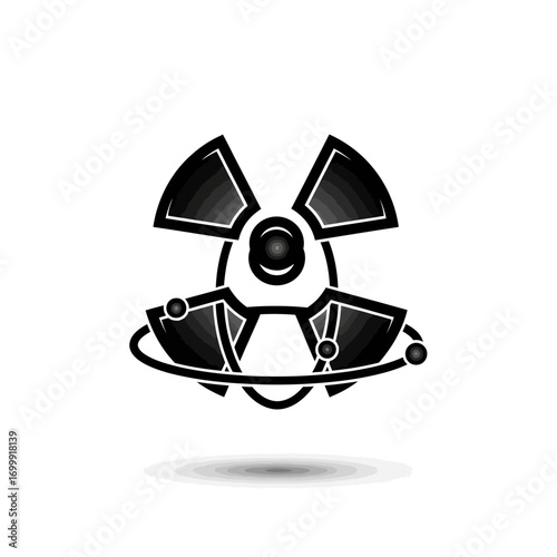 Stylized black and white radiation symbol integrated with an atomic model on a white background.