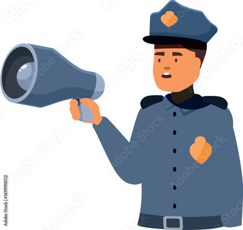 Police officer speaking through megaphone making public address sharing important information