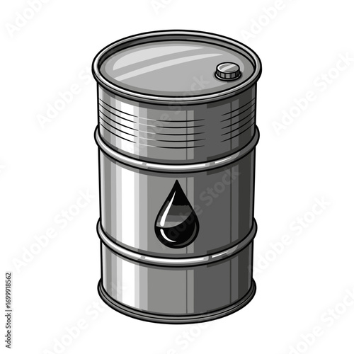 Illustration of a metallic oil barrel with a black oil drop symbol on its surface.
