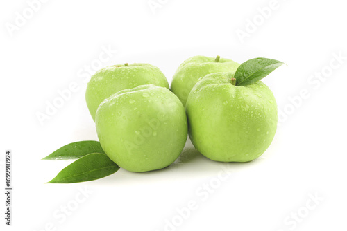 Wallpaper Mural Fresh Green Shaanxi Apples with Water Droplets and Leaves on White Background Torontodigital.ca