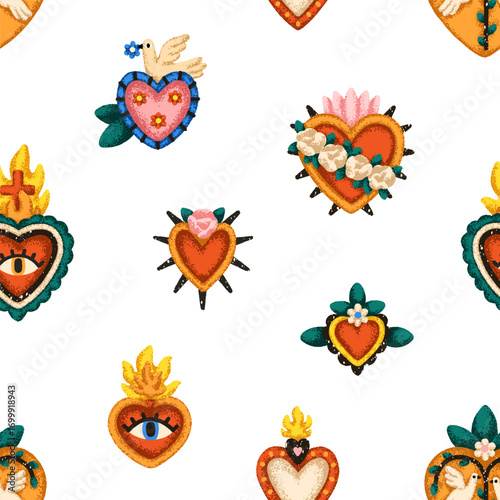 Mexican culture hearts, seamless endless pattern. Sacred Mexico print, repeat...