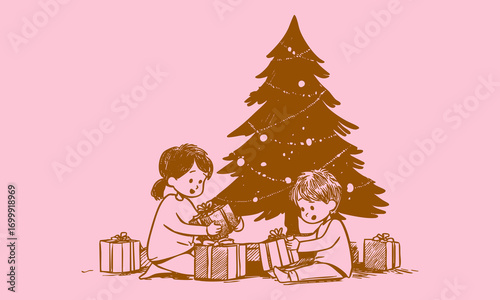 Cute doodle minimalist pink illustration of children opening Christmas presents under decorated tree. Happy childhood celebration in simple crayon sketch pastel style.