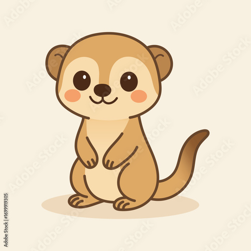 Cute cartoon meerkat illustration in light brown, perfect for product packaging, labels, web design, banners, book illustrations and art prints with a playful, child-friendly style.