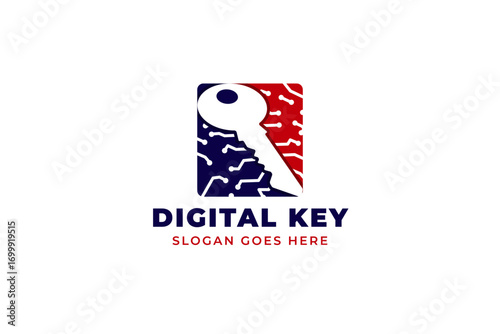 logo for a web blockchain development agency. the concept of digital key symbol is key combined with electric cable or connection symbol as negative space on rectangle shape in vertical layout