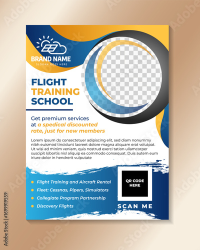 flight training school program poster. elevate your aviation journey with our dynamic flight training program poster template design. flight schools and aviation educatiors with circle shapes for phot