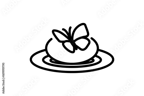 a butterfly rest on a stone in the center of a circle of ripples icon template design. black line style illustration isolated on white background. zen meditation or a peaceful concept