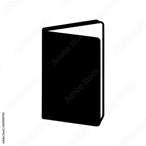 Black book with partially open pages, minimal illustration of an open book