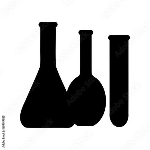 Black silhouette of three different glass laboratory flasks on a white background