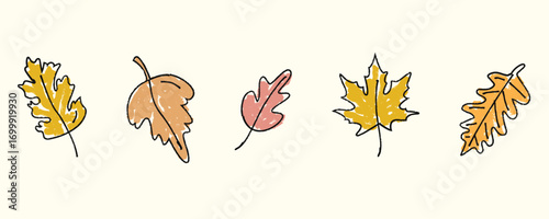 Whimsical hand drawn autumn leaves doodle with marker texture, rustic seasonal decoration. Fall foliage and Thanksgiving nature. Flat vector illustration isolated on background.