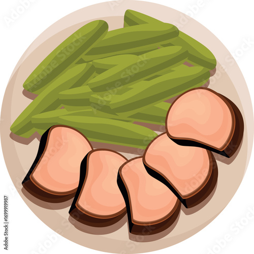 Sliced meat with green beans arranged on a round plate, presenting a healthy and visually appealing meal