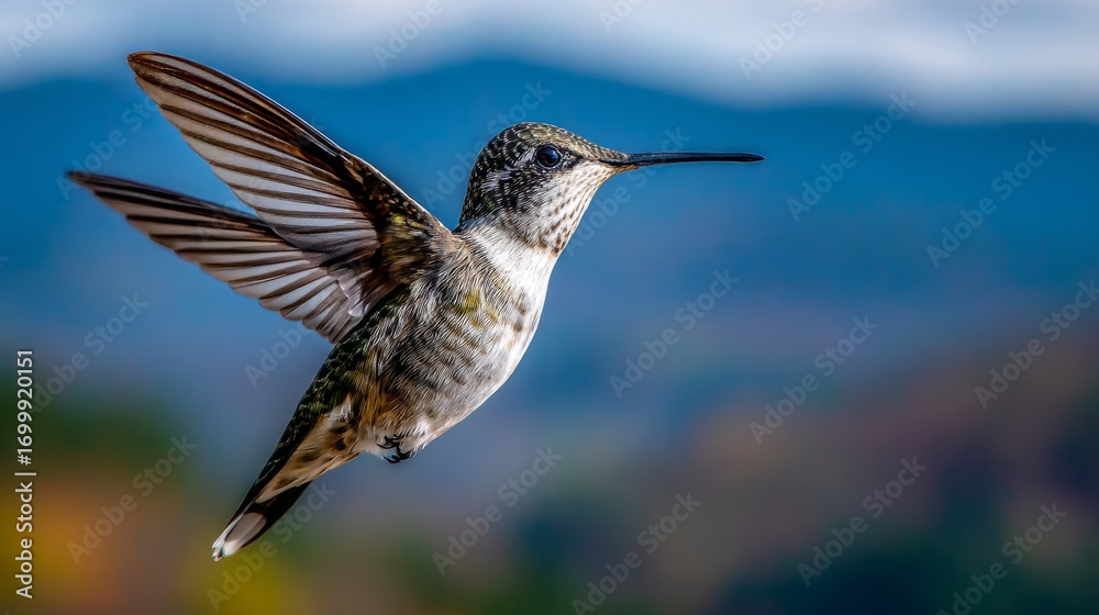 Fototapeta premium The vibrant natural scenery provides a stunning backdrop for a hummingbird's graceful flight