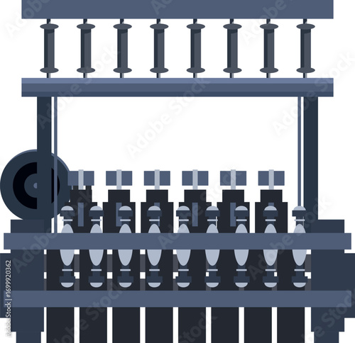 Silk production machine processing threads on spools in a textile factory, industrial automated equipment for fabric manufacturing