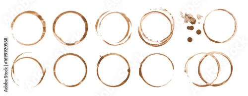 Coffee cup or tea stain drink ring vector illustration set isolated on white background. Coffee stain mark trace ring cup spot trace. Brown round splashes of drink collection.
