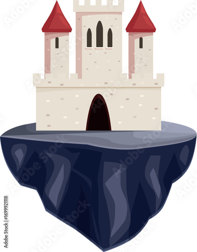 White medieval castle with red roofs standing on a floating island, fantasy illustration