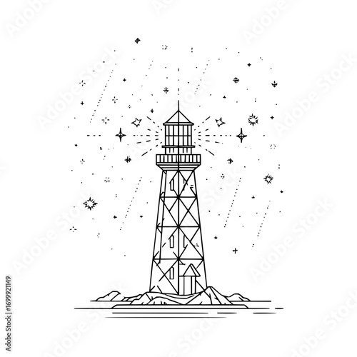 Lighthouse vector illustration beacon light house coast ocean sea navigation tower marine starry night art