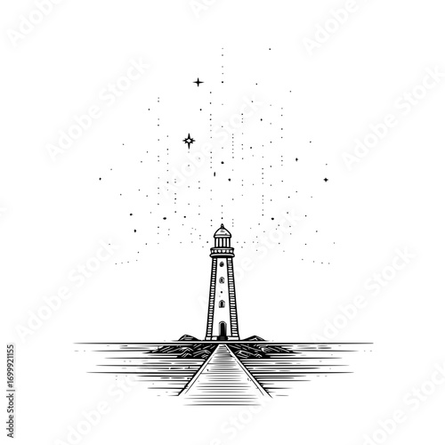 Lighthouse illustration vector art graphic design beacon sea ocean coast nautical sky stars night landscape view