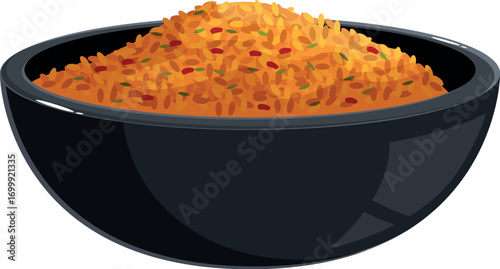 Steaming hot bowl of rice overflowing with flavor and seasoning