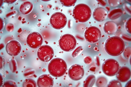 Wallpaper Mural a microscopic view of pale hypochromic red blood cells, symbolic anemia cause of reduced oxygen, realistic cellular imagery, impact on cardiac and brain function depiction. Torontodigital.ca