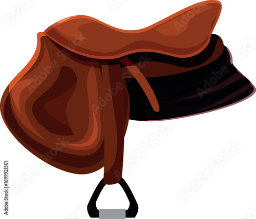 Brown leather horse saddle featuring stirrup iron and dark flap, isolated on white background