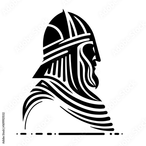 Vector illustration of Viking in profile in minimalist black and white style, used for logo and tattoo design