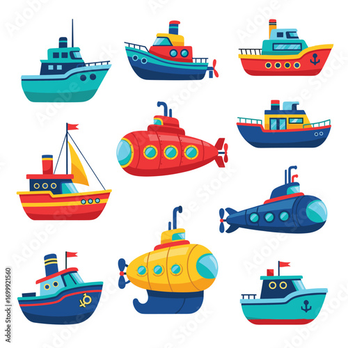Collection of colorful cartoon boats and submarines displayed on a white background