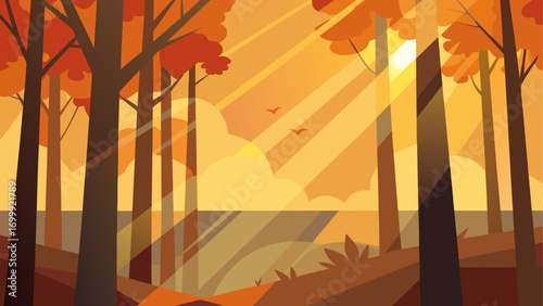 Autumnal forest with sunlight streaming in