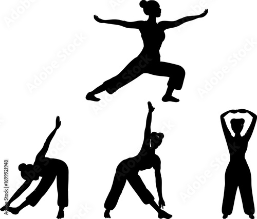 Black silhouette yoga poses stretching floor exercises fitness workout meditation training