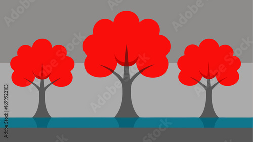 Three red trees near water illustration
