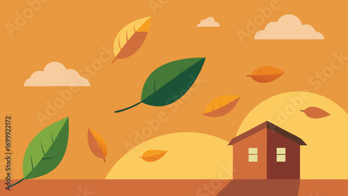 Autumn scene with house and falling leaves