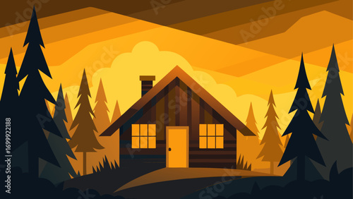Cabin nestled among trees at sunset time