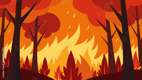 Illustration of a forest fire scene burning