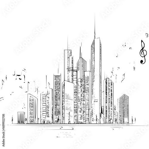 Cityscape sketch with musical notes floating around the buildings in a black and white illustration