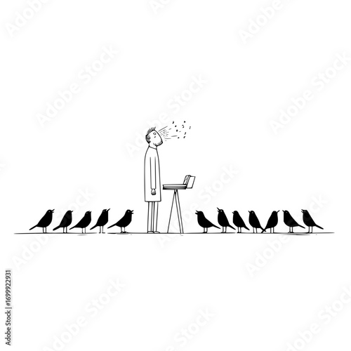Man birds music singing song crow black white illustration performance art melody notes concert sound stage vocal 100