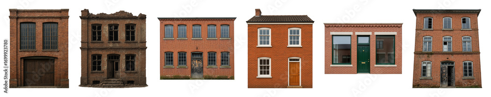 Fototapeta premium Brick building facade set including various architectural styles, ages, and conditions isolated. Urban and historic construction elements.