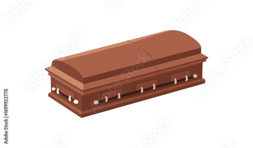 Wooden coffin. Closed casket, wood mourning box, burial case for funeral ceremony. Christian ritual funereal tomb container for dead. Flat vector illustration isolated on white background