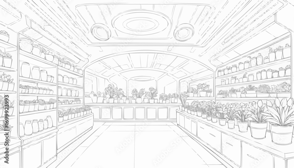 Obraz premium Coloring page of an indoor plant shop filled with various greenery 