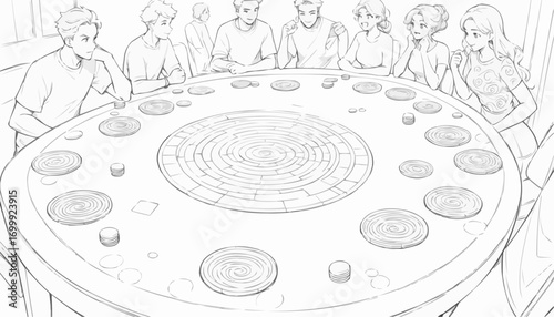 Coloring page of a group of friends playing a board game at a round table
