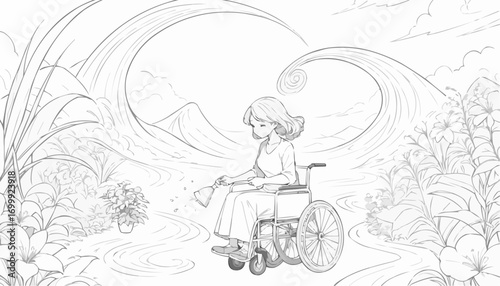 Coloring page of a girl in a wheelchair caring for flowers by a scenic path
