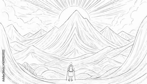 Coloring page of a traveler on crutches looking at majestic mountains
