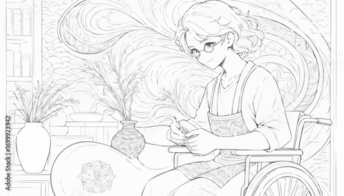 Coloring page of a girl in a wheelchair crafting in a cozy room
