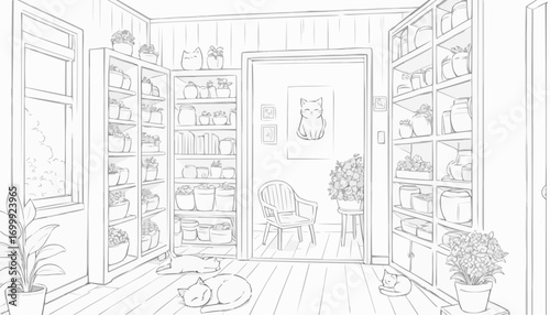 Coloring page of a cozy room filled with plants and cats
