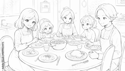 Coloring page of a family gathered at a table for a meal