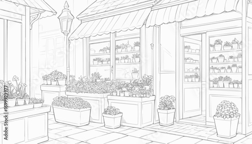 Coloring page of a flower shop with various potted plants
