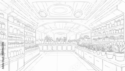 Coloring page of an indoor plant shop filled with various greenery
