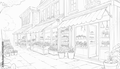 Charming coloring page of a picturesque street lined with shops and filled with flower pots
